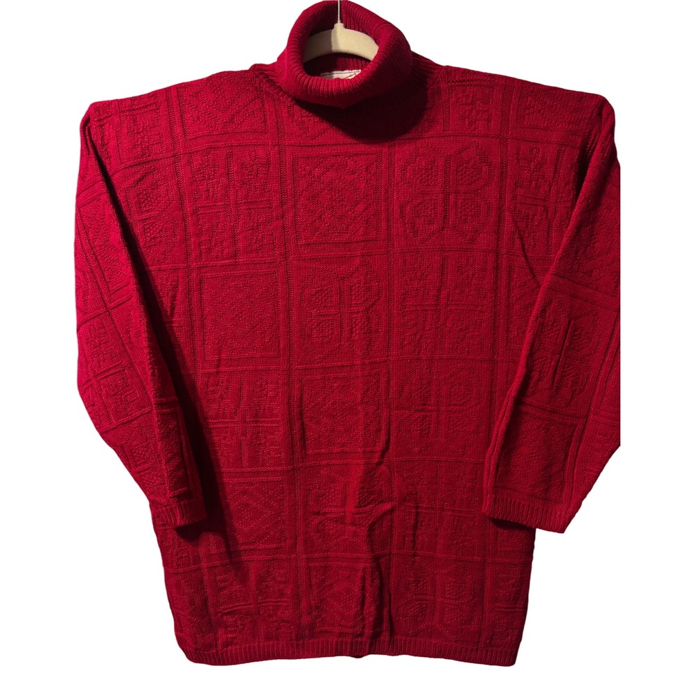 Vtg 80's Mathias BurgundyRed Geometric Knit Turtleneck Sweater Made in USA‎ Sz M